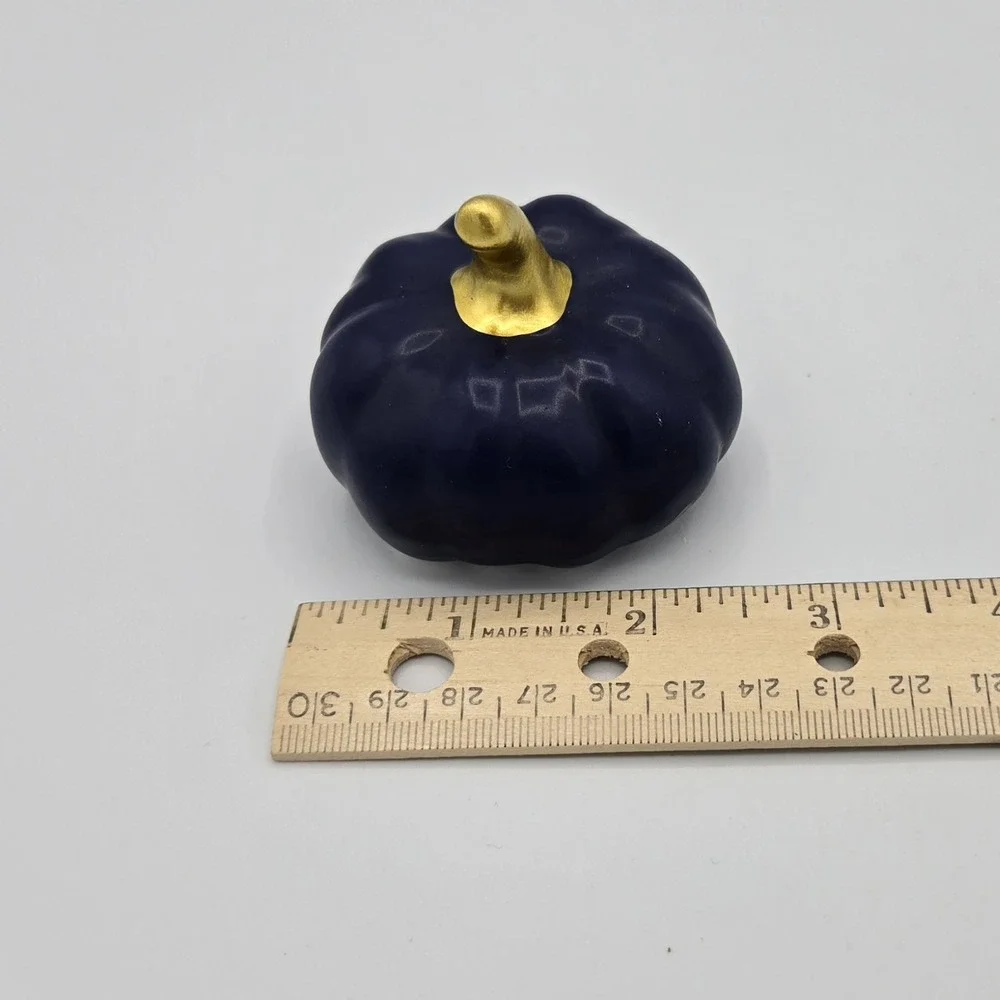 Small Navy Blue Ceramic Pumpkin Figurine Gold Color Stem‎